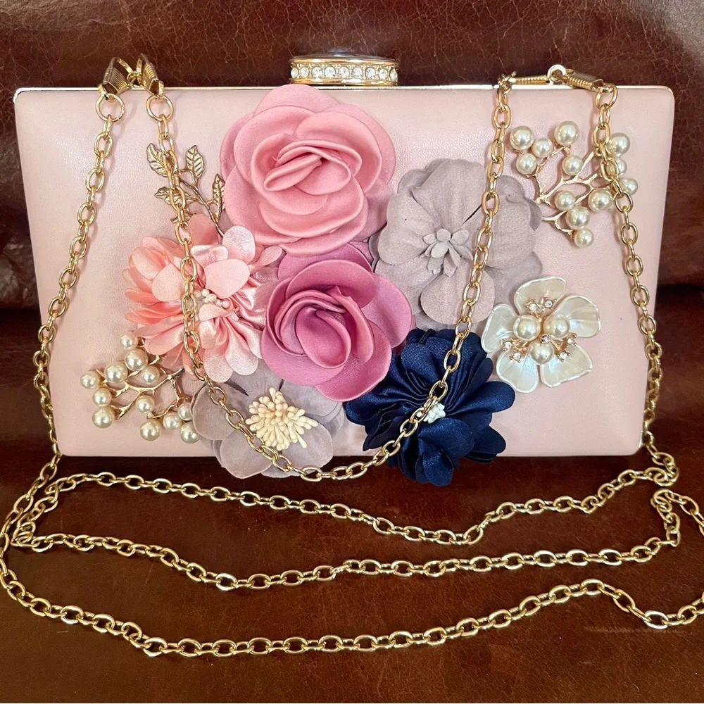Elegant Floral & Pearl & Crystal Embellished Evening Clutch & Crossbody Bag